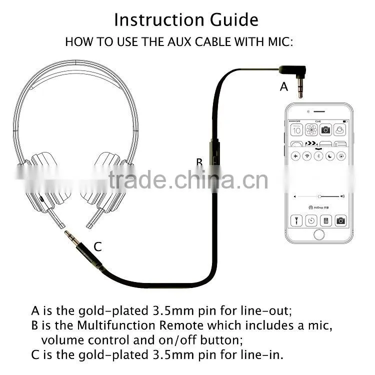Built in mic 3.5mm gold plated male to male auxiliary cable