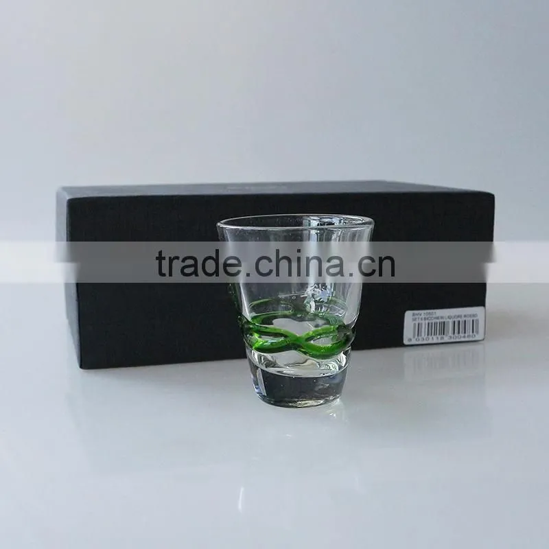 Leadfree glass china popular open mouth green garland whisky tumbler shot glass