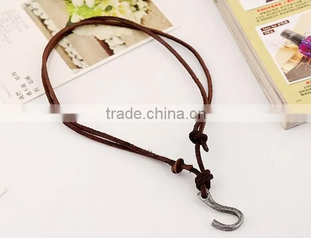 vintage real cow leather fish hook pendant bown genuine cowhide necklace for men