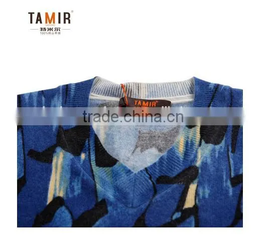 Muti Color Print V Neck Cashmere Sweater, Ladies Fashion Delicate Print Cashmere Sweater