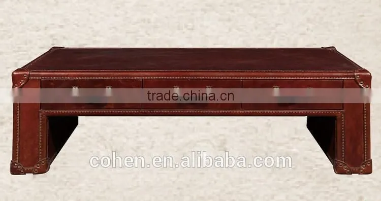 Jane European style cheap living room furniture design center table trunk with genuine leather covered