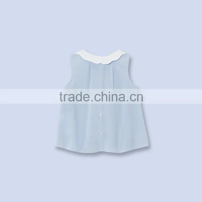 2017 wholesale fashion latest styles children clothes blue sleeveless ruffle designs blouse/shirts