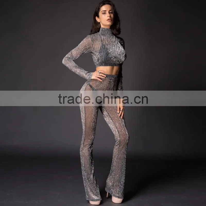 Runwaylover 084 Europe Style Ladies Two Piece Suits , Women Sexy Turtleneck Crop top And Transparent Casual Pants