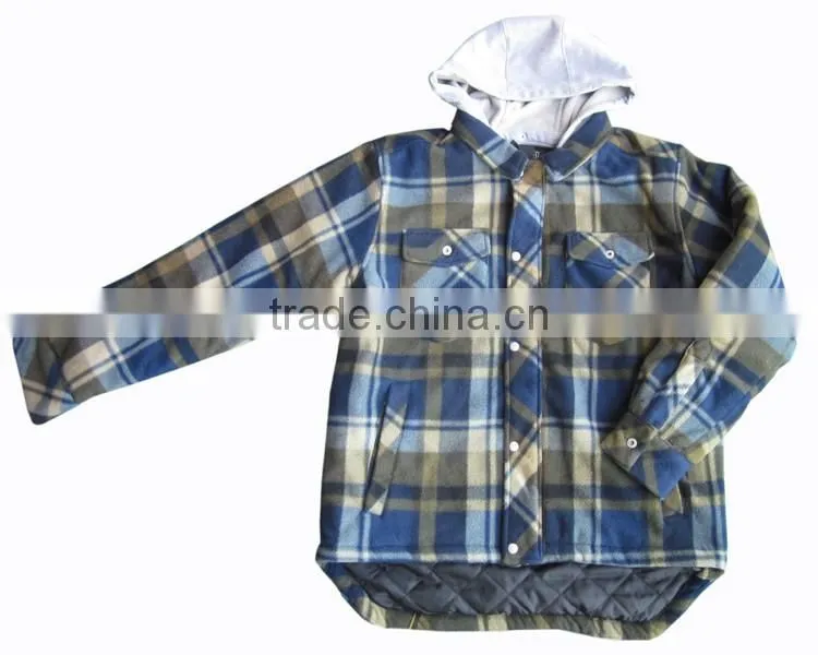 Blue plaid ripstop polyester hooded man winter warm shirt