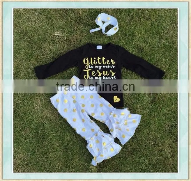Rhinestone applique golden dots white pant match jesus black t shirts organic baby clothes