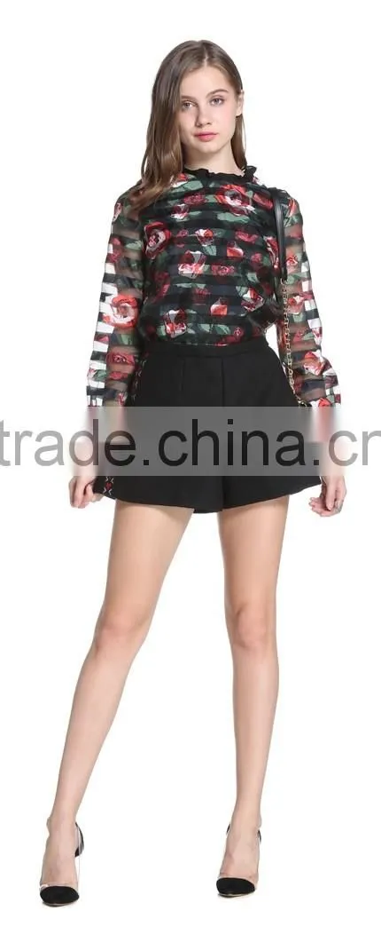 New female perspective stripe flower print loose long-sleeved shirt