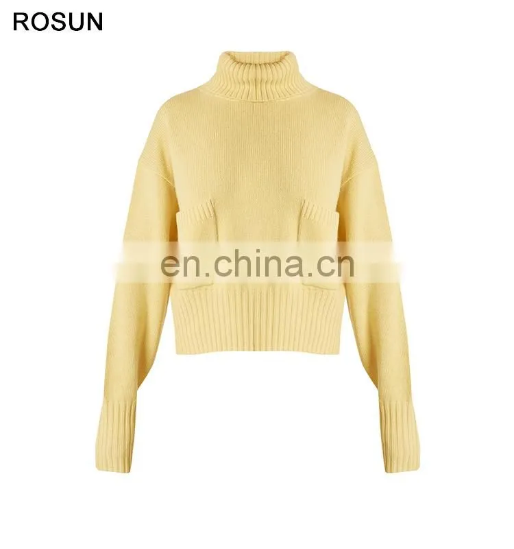Yellow Mid Weight Roll Neck Patch Pocket Chunky Knit Sweater