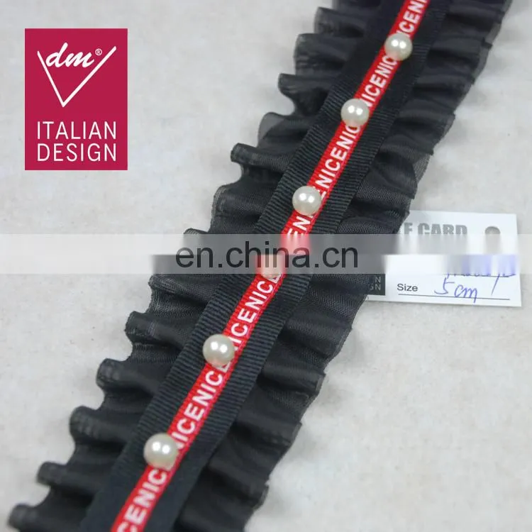 Black color beaded chiffon ruffle pearl trim in 2.5cm