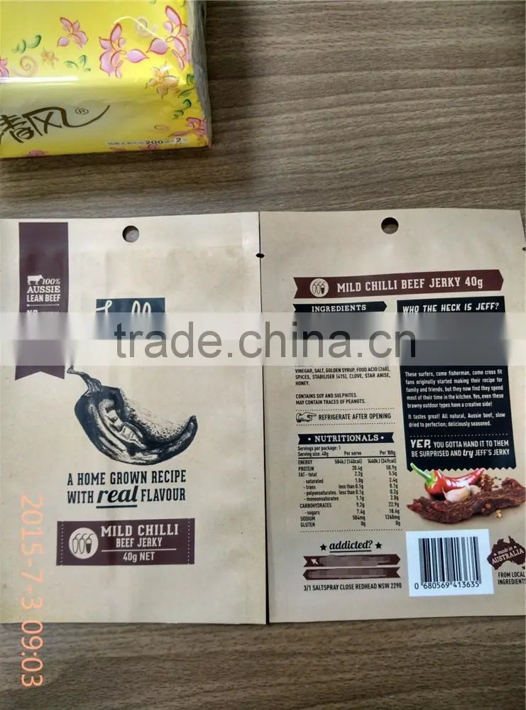 three side sealed paper craft lamination beef jerky packaging bags