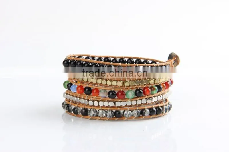 Exclusive Flower Amazonite with Gold Beads 5 Strands Weave Leather Wrap Bracelet Multi Layered Vintage Bracelet