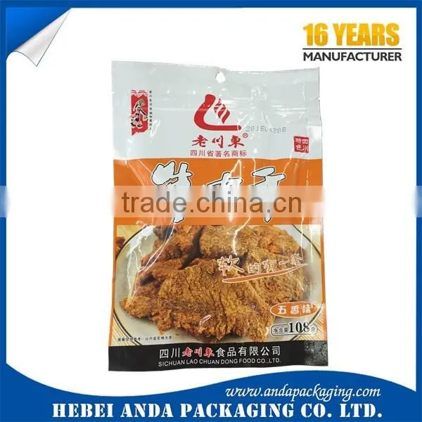 Moisture Proof beef jerky plastic food packaging bags/zipper top stand up pouch