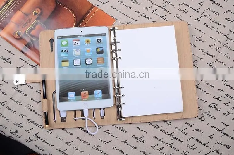 Multi-color leather diary with usb stick,ring binder notebook power bank