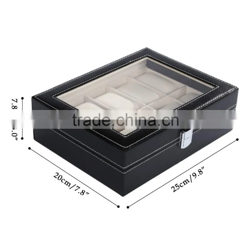 New HOMDOX Synthetic Leather Glass Window 10 Slots Watch Storage Display Box Jewelry Case Black OS004749