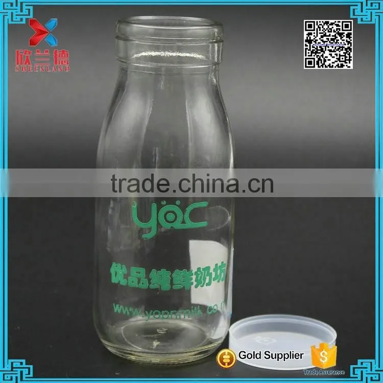 250ml glass milk pudding juice bottle jar with transparent plastic cap and logo screw printing