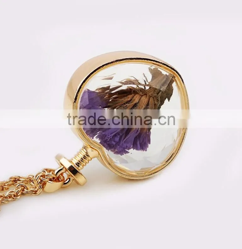 Dried Flower Necklace Romantic Crystal Glass Heart Shape Floating Locket Pendant for Women Girls