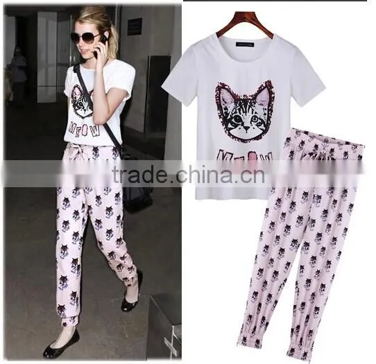Latest Fashion Wholesale Garment Woman Loose Little Cat Printed Chiffon Shirts 2014 Summer Garment