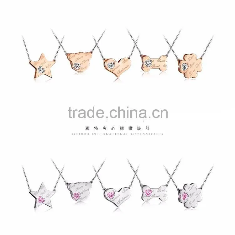 Shiny Stainless Steel Necklace with Star Engraved Charms and CZ Stone