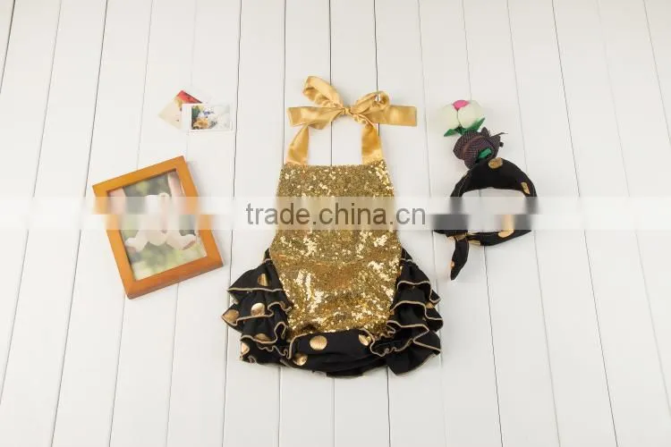 2016 Hot selling ruffle rompers set baby sparkle heart bubble romper with headhand boutique kids summer clothes jumpsuit