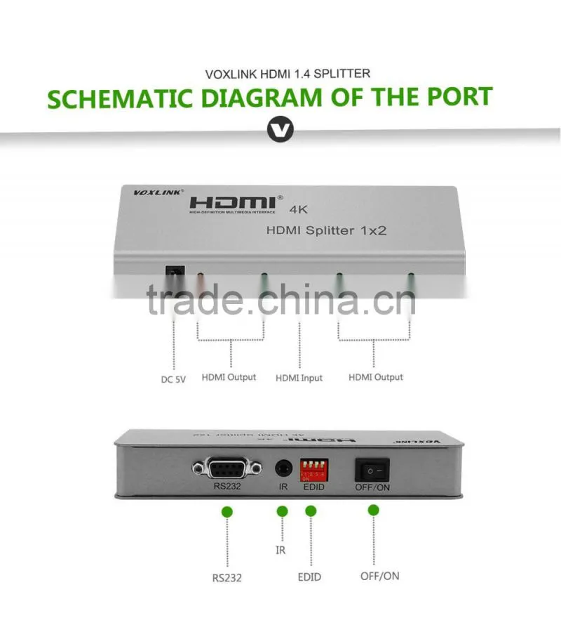 New Arrival 1x2 VOXLINK 4K HDMI splitter UL For HDMI 1.4,HDCP1.4 ,4K,IR extension, EDID management, RS232