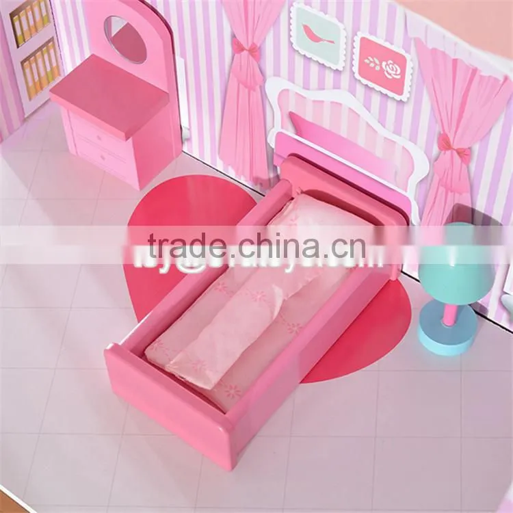 New design 13 pieces of furniture 3 floor pretend play pink wooden cottage dollhouse for children W06A230