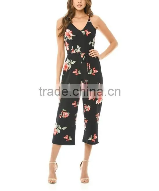 Modern Style Women Clothing Wholesale Custom Made Cheap Black Floral Summer Beach Sexy Backless Jumpsuits Made In China
