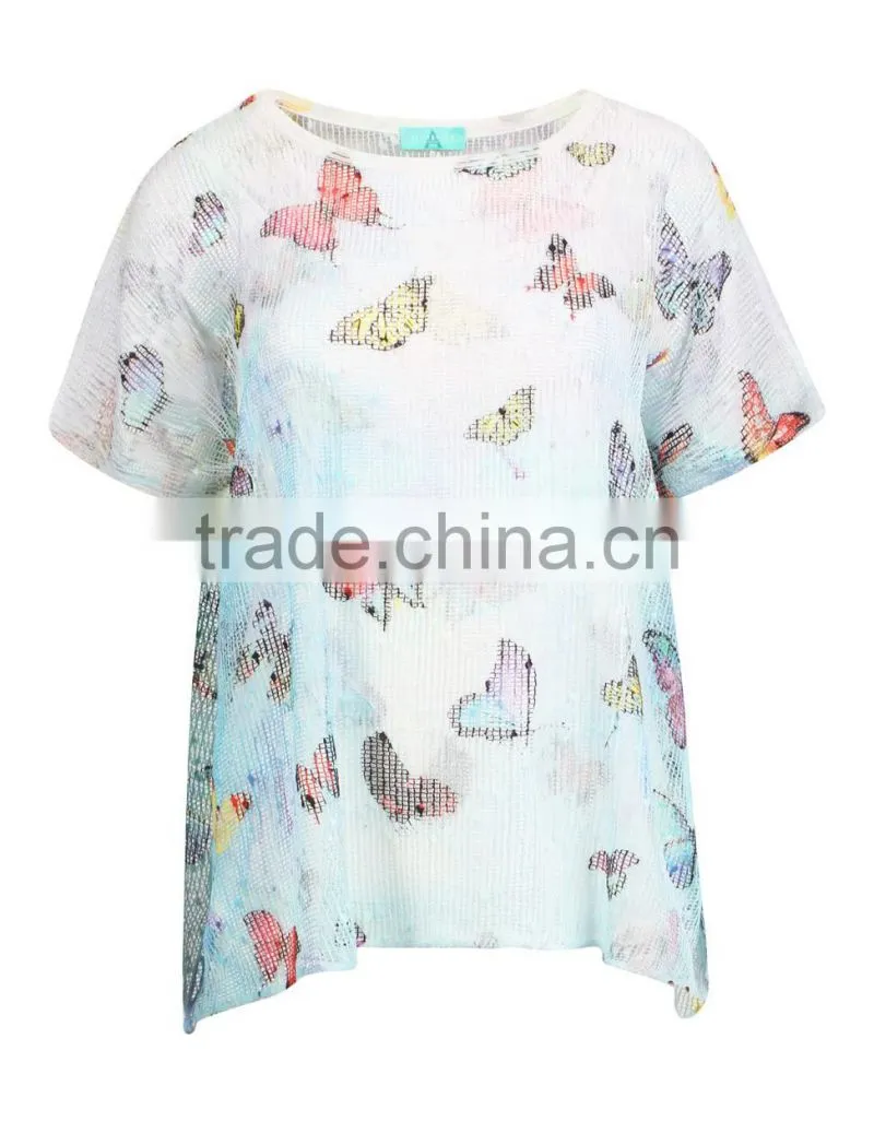 Bule butterfly print woman top,2016 new design top,lady blouse
