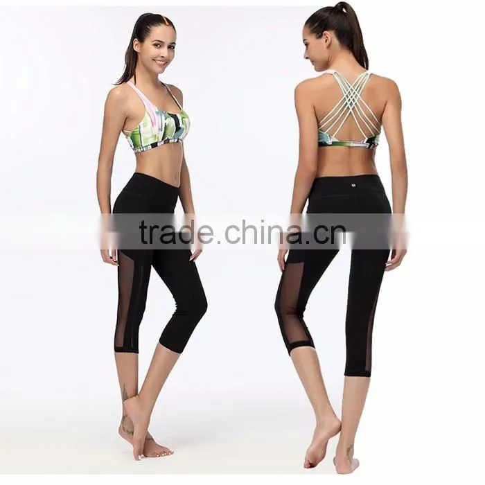 women sexy half length mesh panel yoga pants