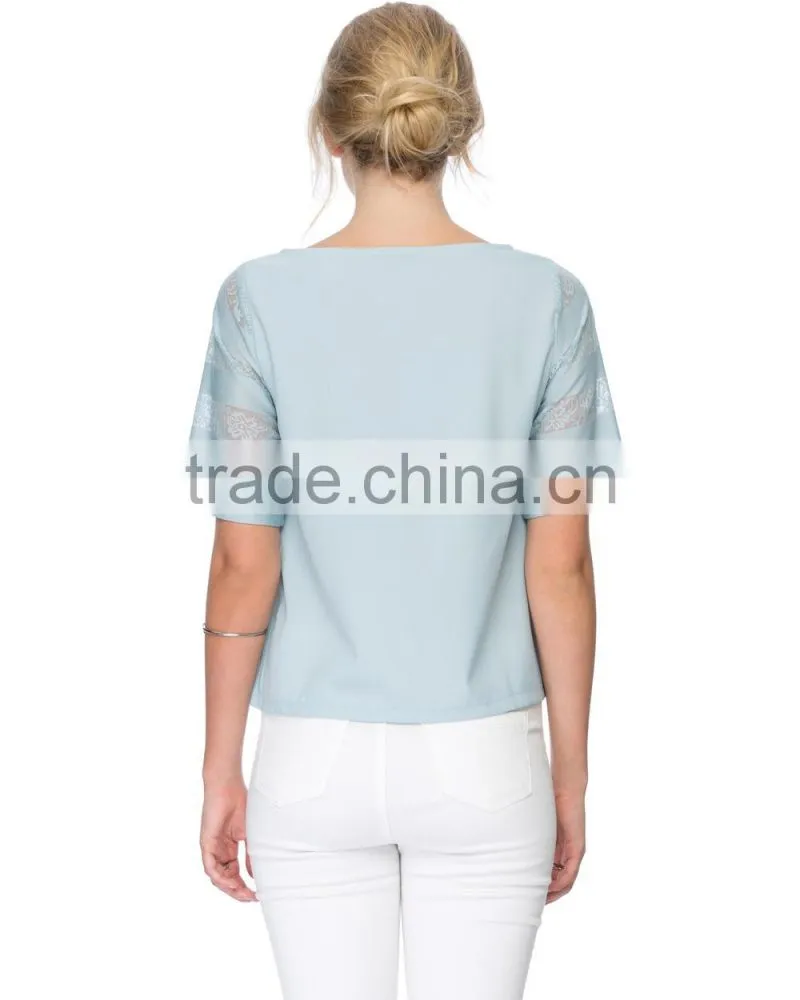 Lace sleeve woven womens tee shirts
