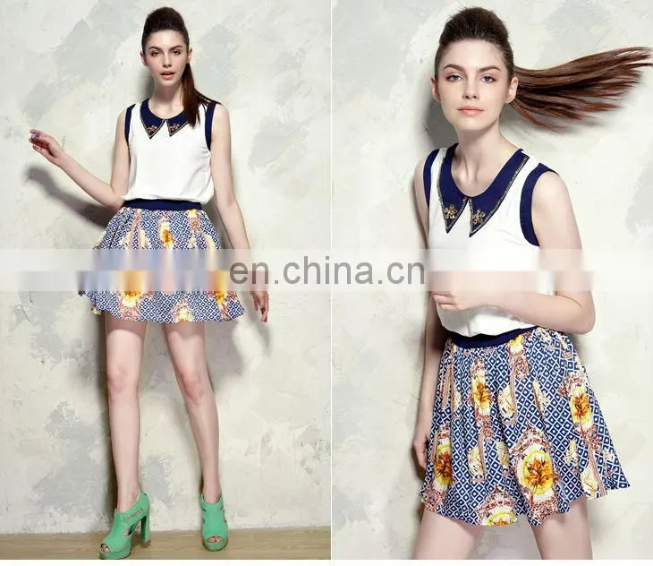 Roral Fashion Sleeveless Top Mini Skirt Summer Latest Unique Lady 2Pieces Dress Suit