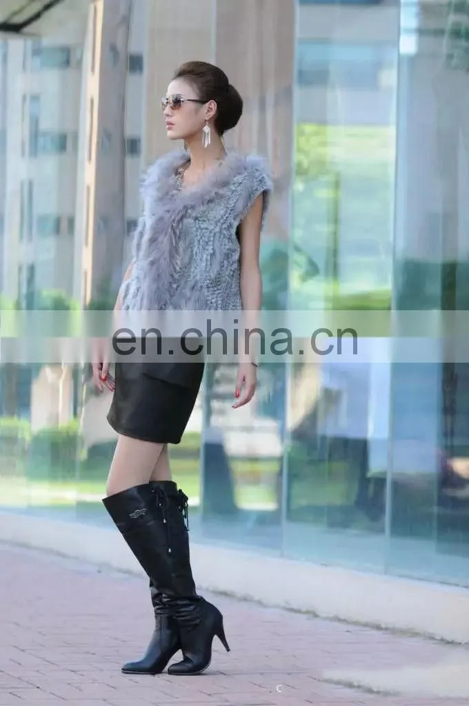 European style knitted rabbit fur vest with raccoon fur trimming for women