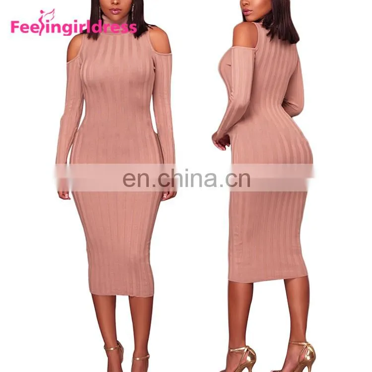 Women Sexy Cold Shoulder Knitting Sweater Long Sleeve Bodycon Party Mini Dress