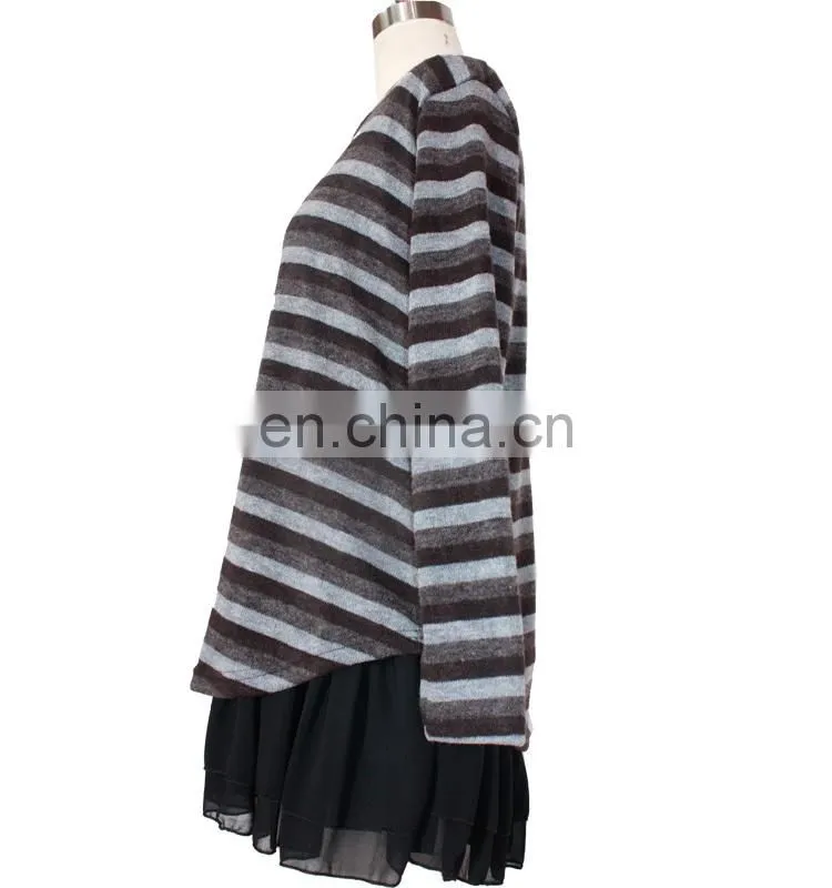 With Chiffon Lining Acrylic Striped Frill Hem Casual Wear Tunic For Fat Women