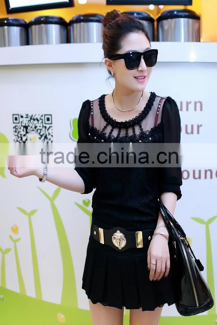 2015 women's T-shirt with long sleeves gauze splicing thin render unlined upper garment to bigger sizes Lace hollow out