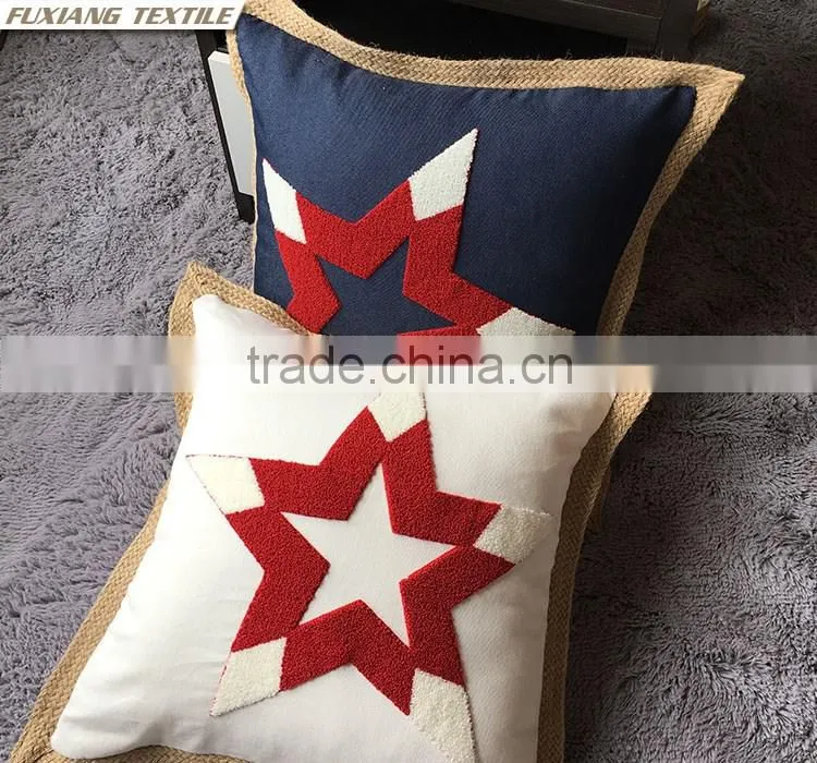 Star Crewel Embroidery Pillow with jute trim