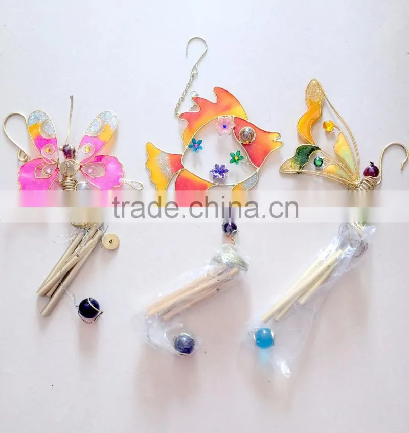 Colorful Glass Green Yellow Butterfly Indoor Metal Wind Chime Wholesale