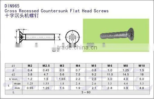 DIN965 cross recessed countersunk flat head screws