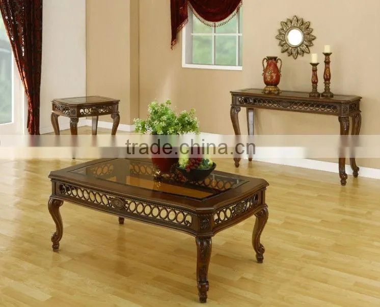 Unique Carved Cutout Pattern Queen Anne Coffee End Sofa Table Set