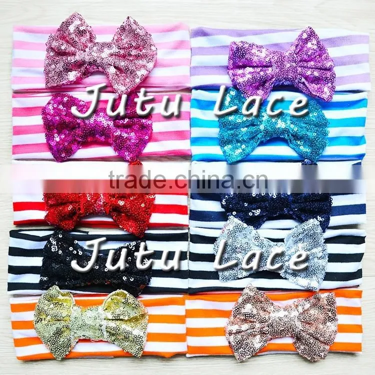 9 colors in stock babies headband stripes fabric, Sequin Bow Stripe Cotton knot headband wholesale