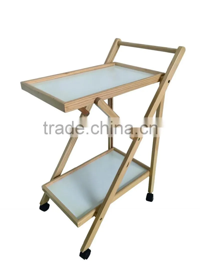 2 tiers storage pine wood hotel trolley room service cart