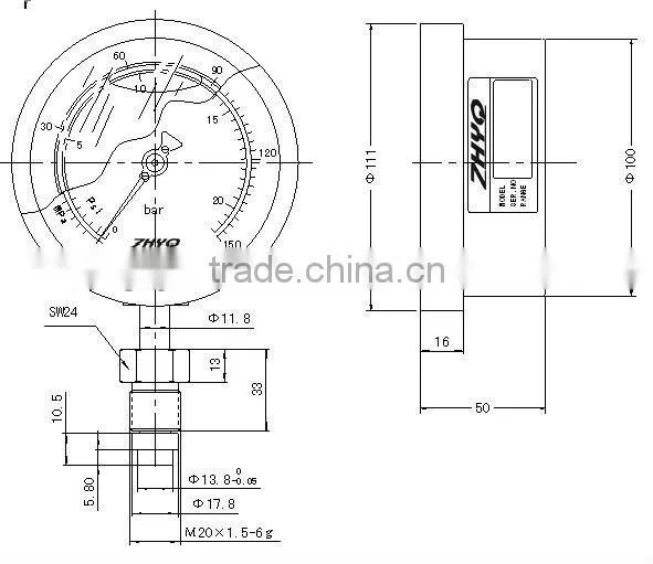 100mm glycerine pressure gauge for food processing machinery