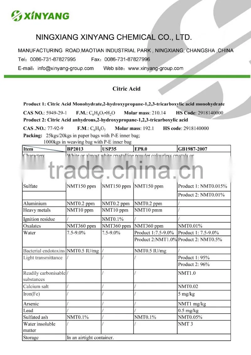 food grade Citric acid Anhydrous chelating agent