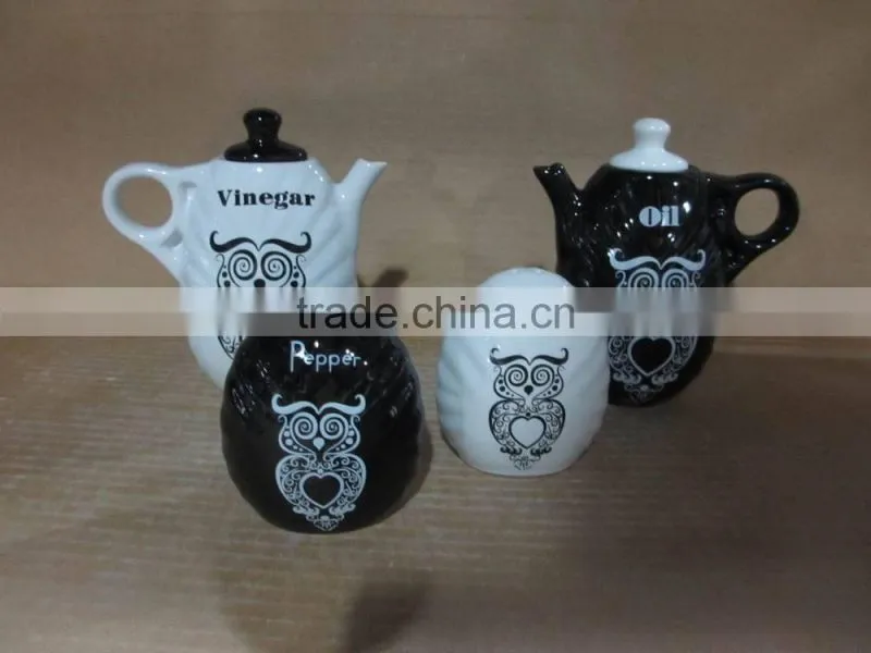 Ceramic grey green oil olive vinegar bottle salt pepper set