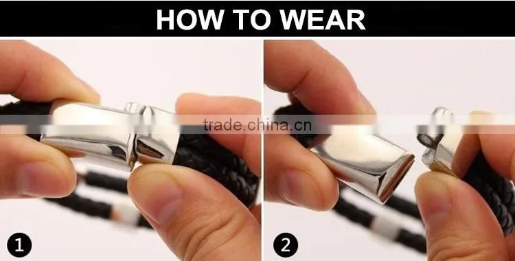 Stainless steel & leather mens bracelet , braided genuine leather bracelet men stainless steel