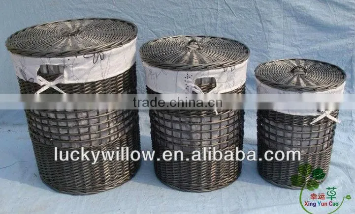 Grey wash large wicker laundry basket with lid, willow household storage basket- set of 5
