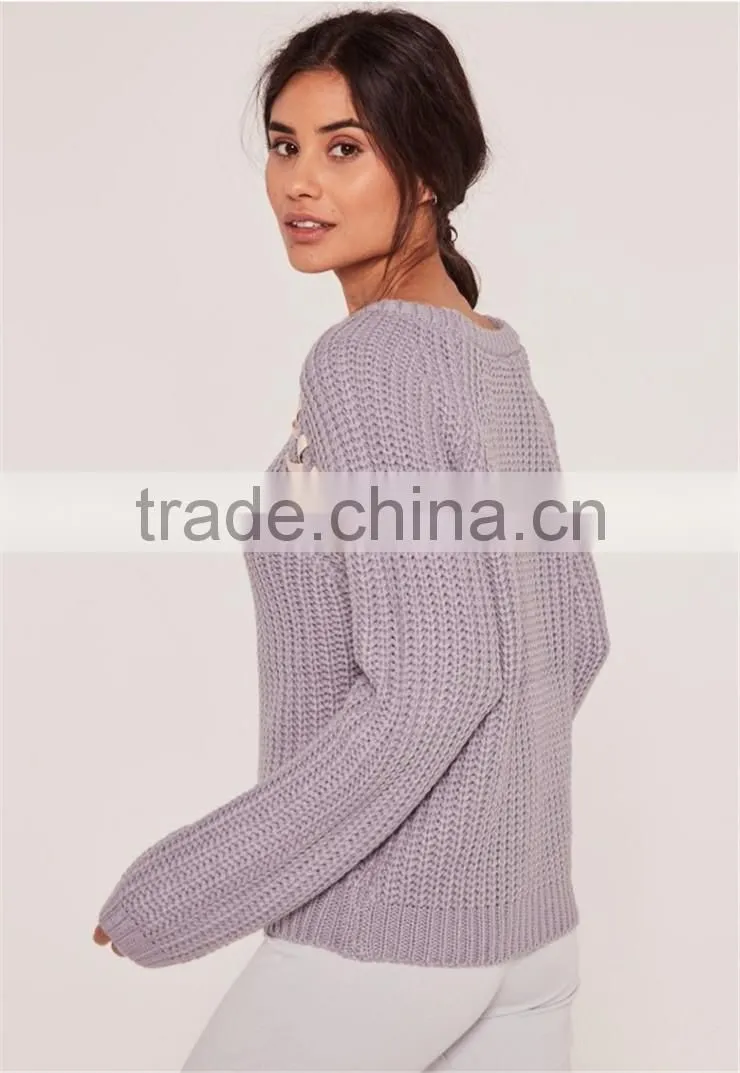 Custom Label Brand Women Plain Long Sleeve Knitwear Crewneck Lace Up Jumper Purple Pullover Oversized