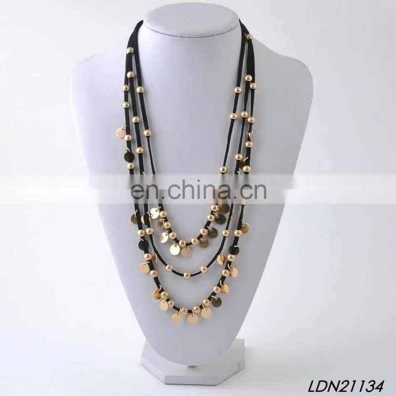 Layered Suede Small Disc Worn Gold And Siver Necklaces