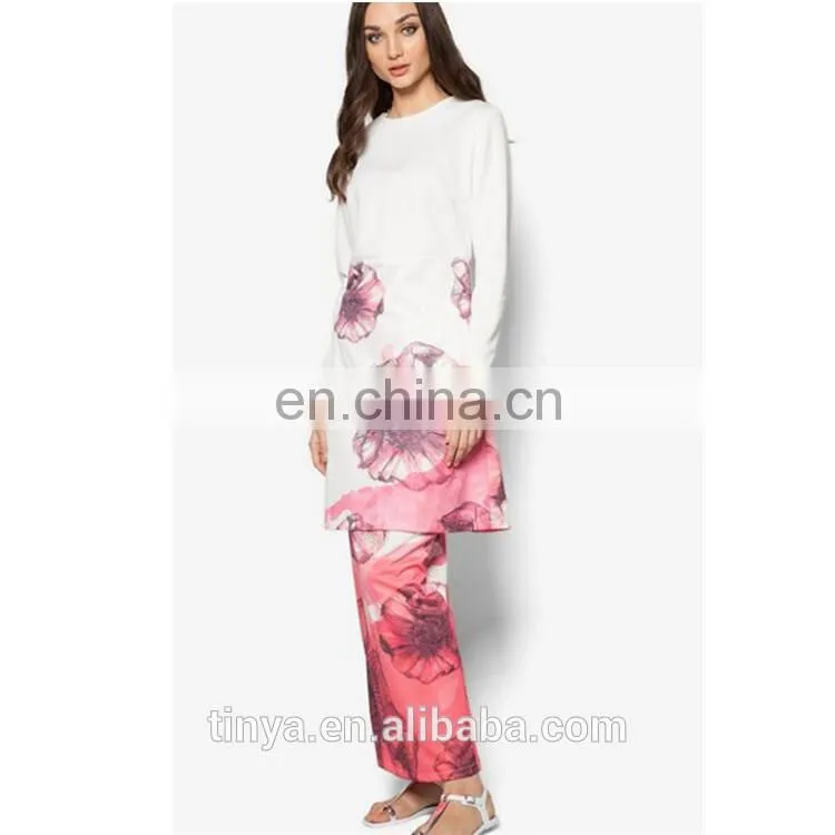 2017 Latest Fashion Chiffon Elegant Long Sleeve Flower Printed baju kurung malaysia modern