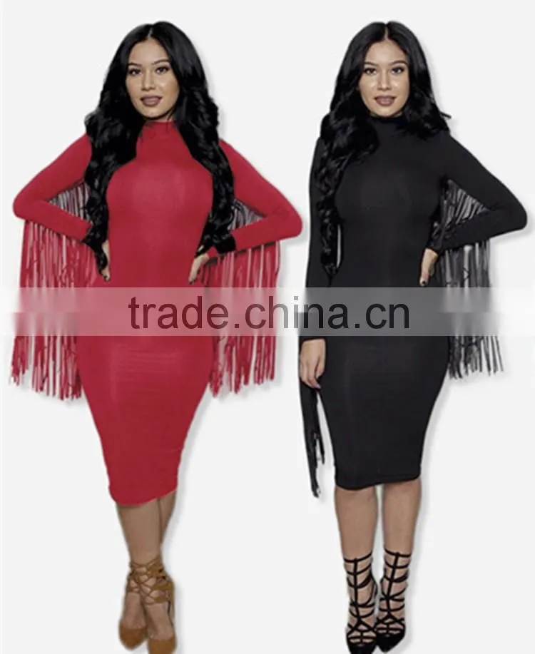 woman fashion dress personality tassel bandage dress long sleeve evening dress