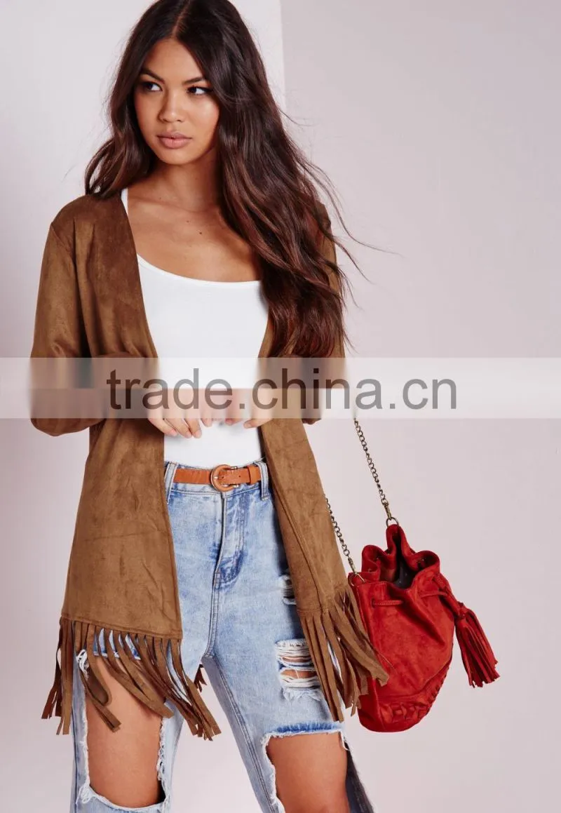2015 Women Winter Long Sleeve Faux Suede Jacket with Fringe Hem