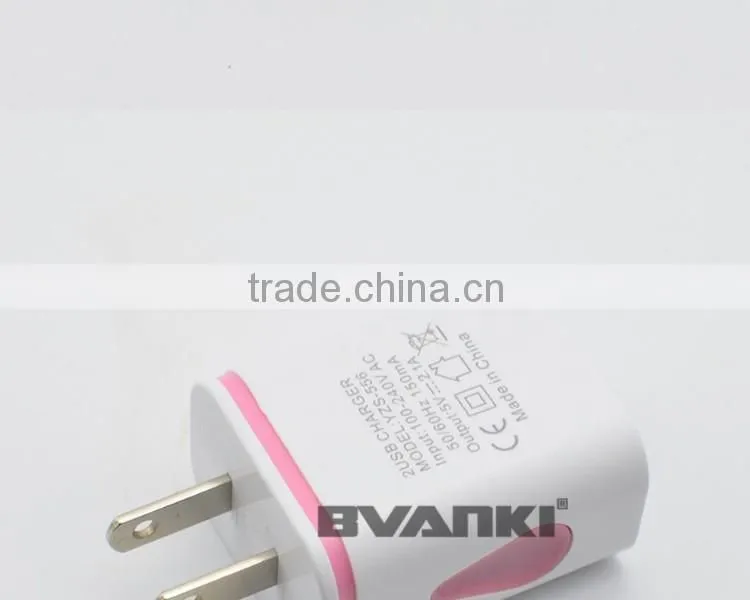Factory Price Top Quality Portable 5V/2.1A LED light Dual USB Charger Travel USB Wall Charger for iphone/samsung free sample